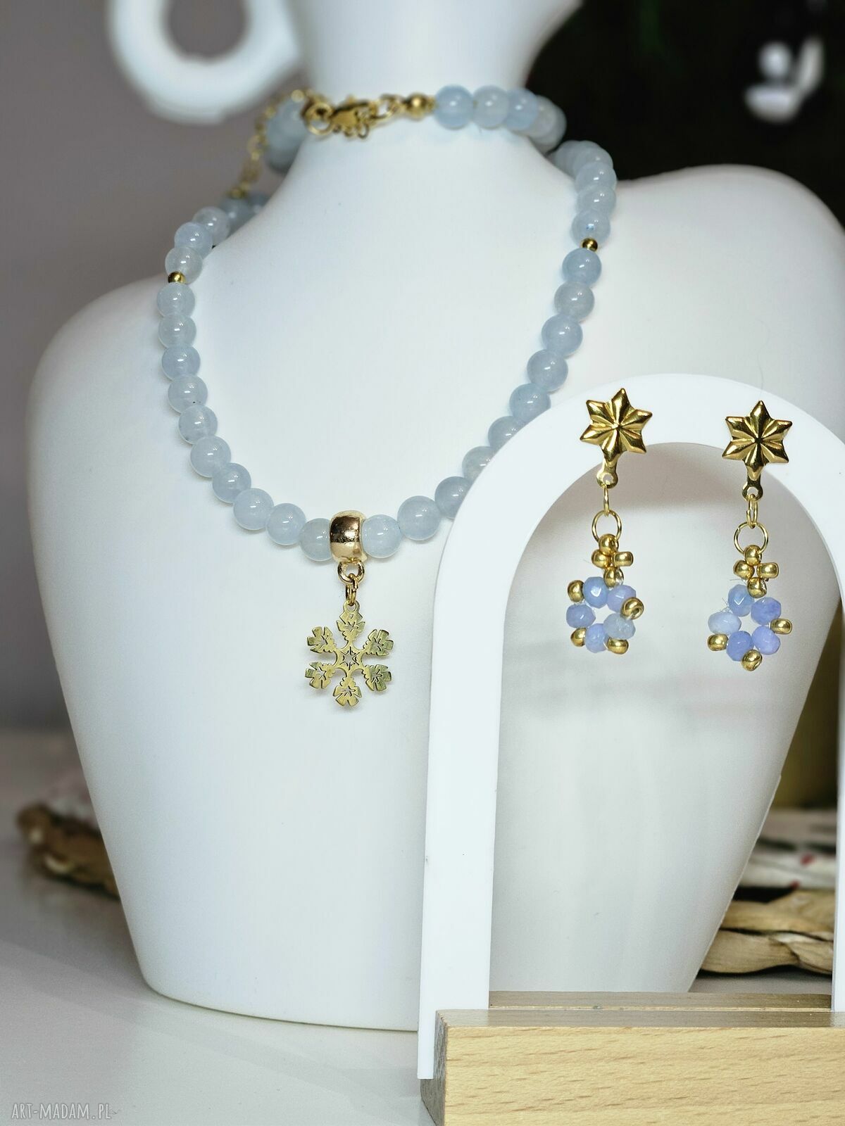 Naszyjnik choker i kolczyki Śnieżynka - akwamaryn i jaspis