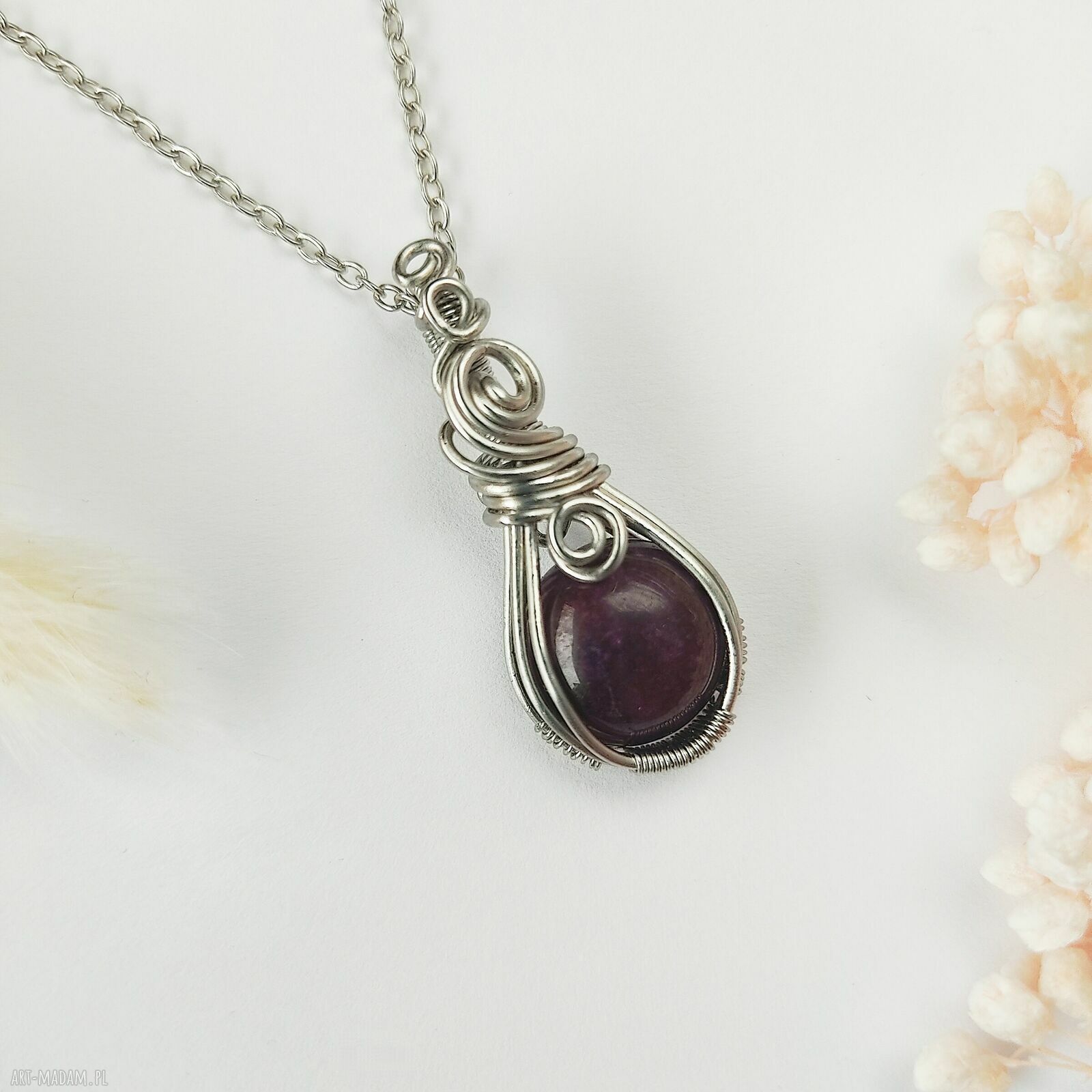 Naszyjnik Jadeit Bordowy ze stali chirurgicznej - wire wrapping handmade