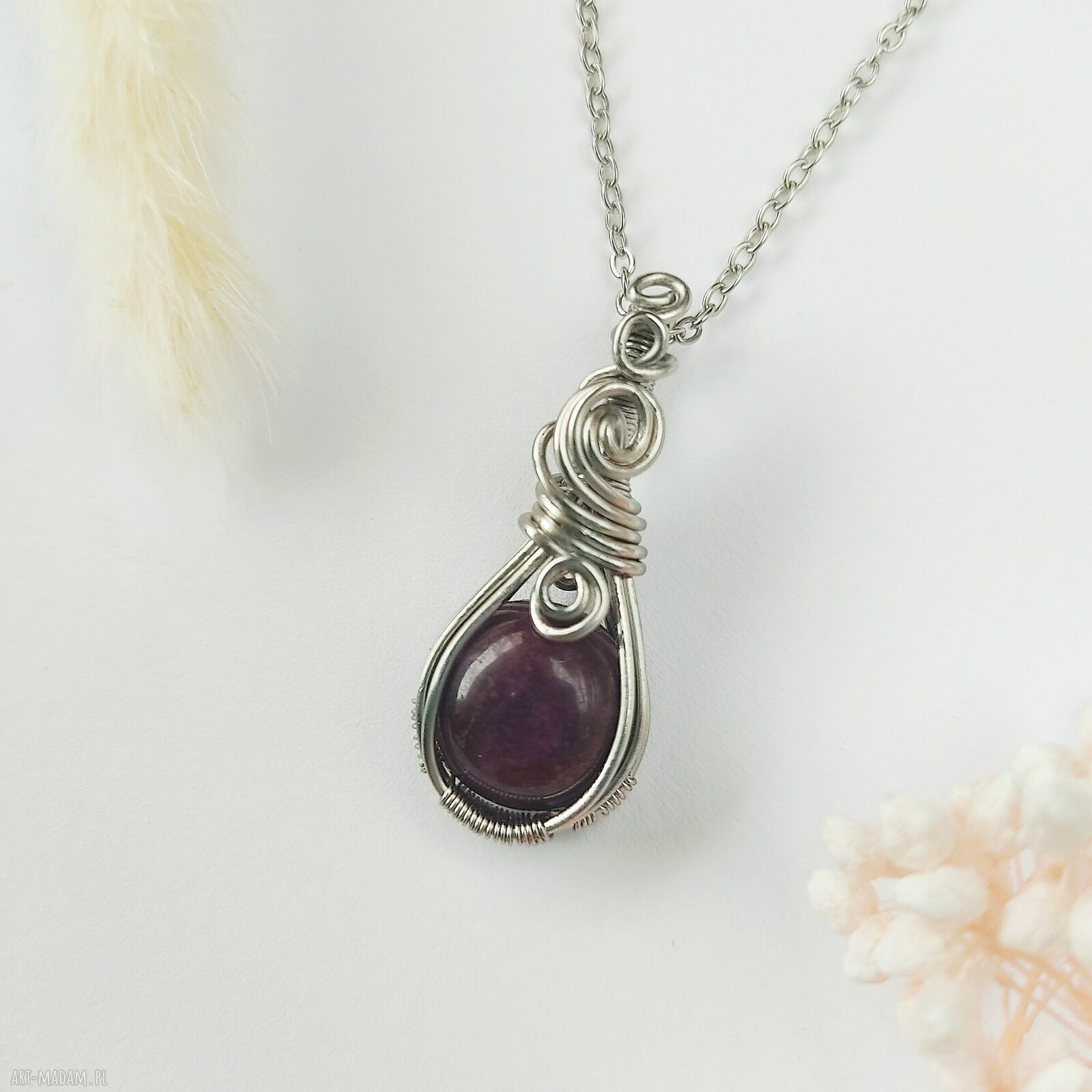 Naszyjnik Jadeit Bordowy - Wisiorek ze Stali Chirurgicznej Handmade (Wire Wrapping)
