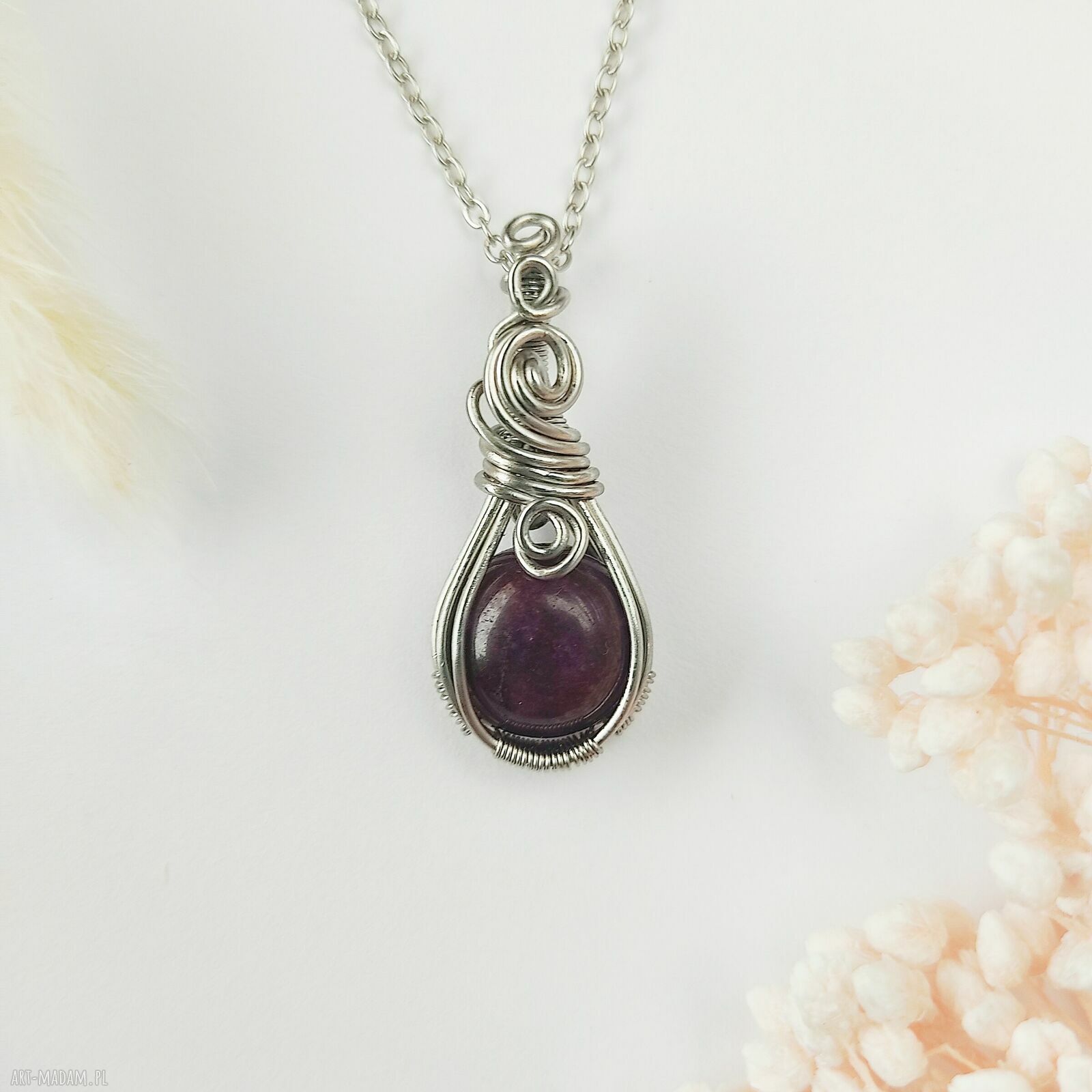 Naszyjnik Jadeit Bordowy ze stali chirurgicznej - wire wrapping handmade