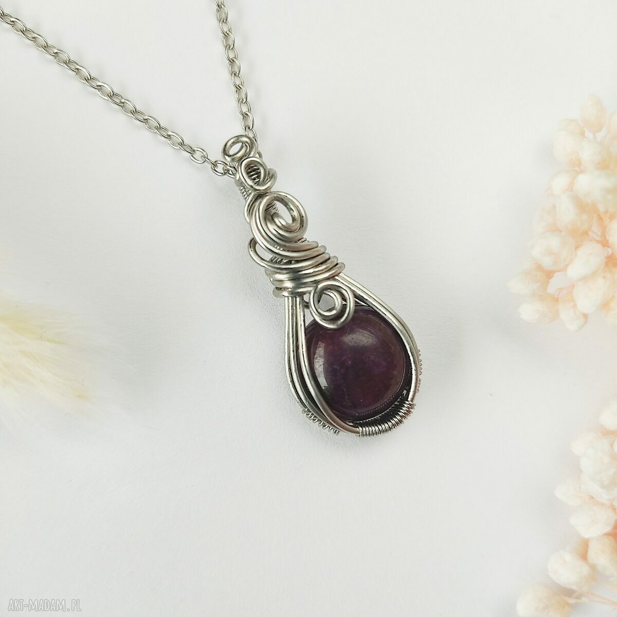 Naszyjnik Jadeit Bordowy - Wisiorek ze Stali Chirurgicznej Handmade (Wire Wrapping)