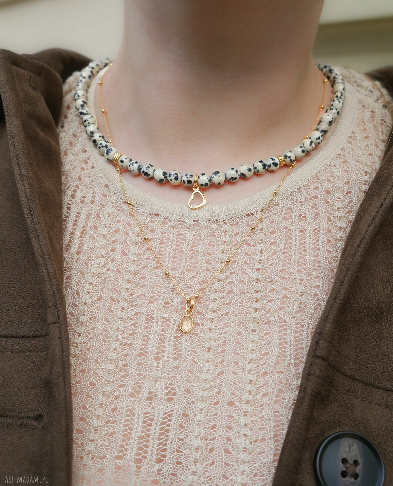 Naszyjnik jaspis dalmatyńczyk ze srebra 925 złoconego 24k - handmade