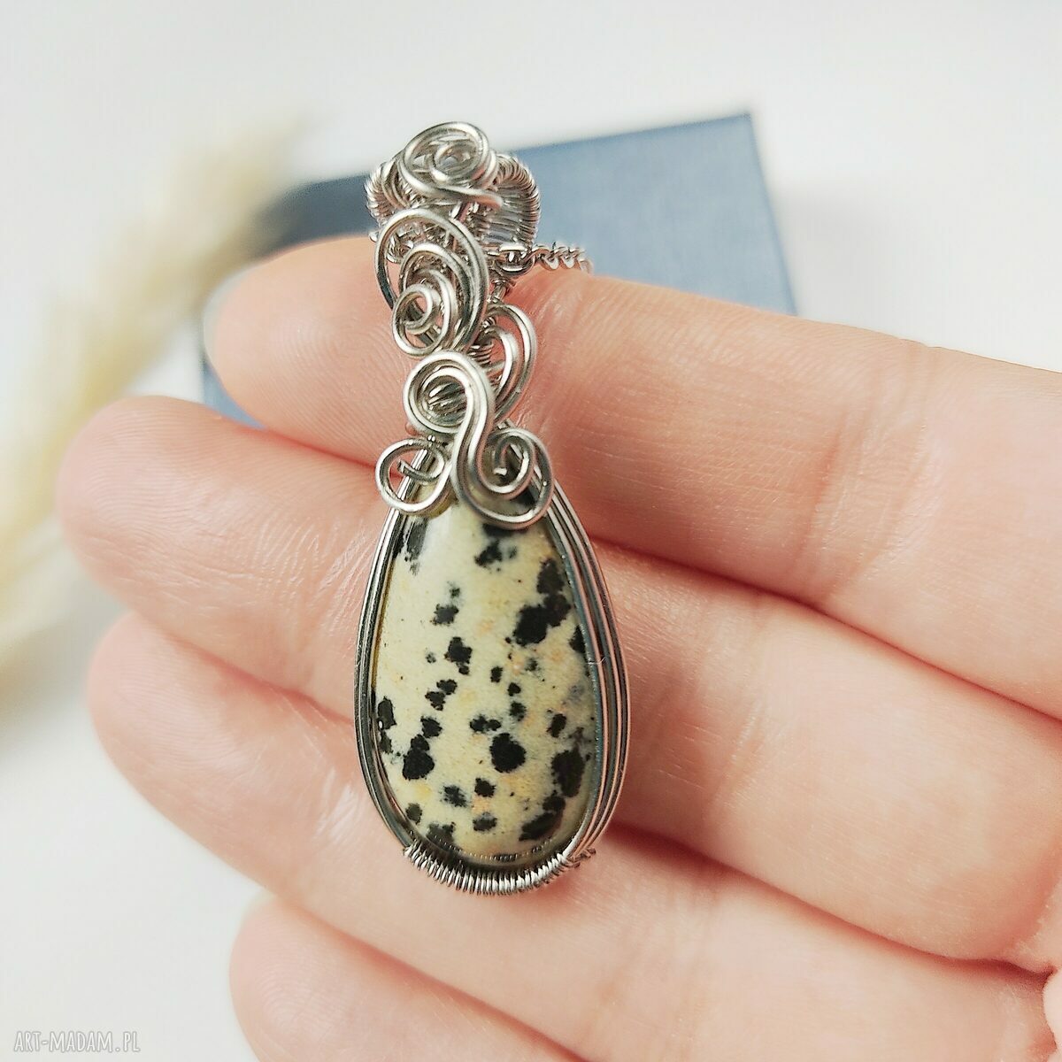 Naszyjnik z Jaspisem Dalmatyńskim w stali chirurgicznej - handmade wire wrapping
