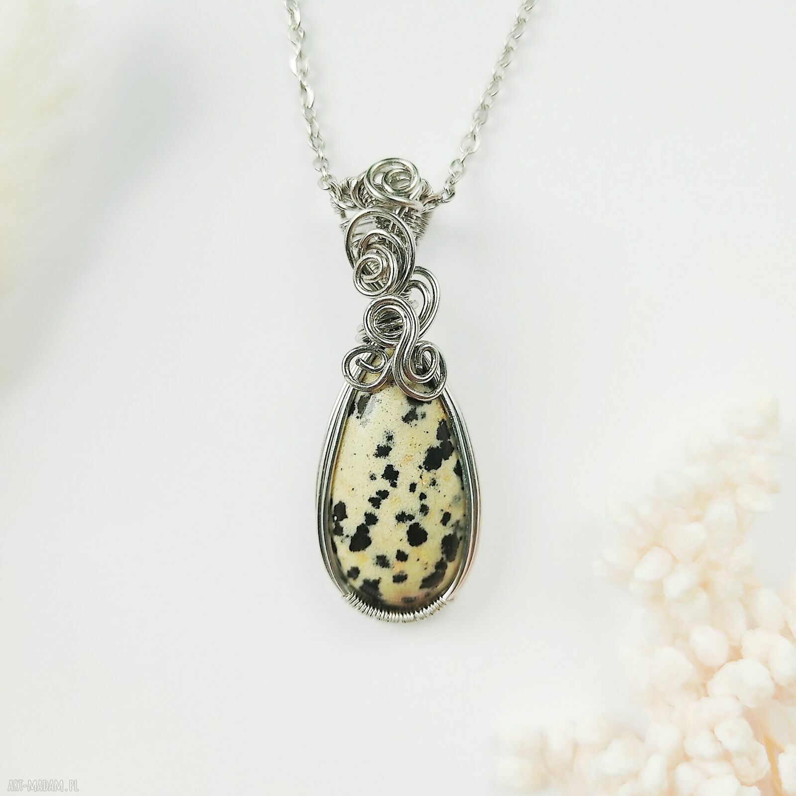 Naszyjnik z Jaspisem Dalmatyńskim w stali chirurgicznej - handmade wire wrapping