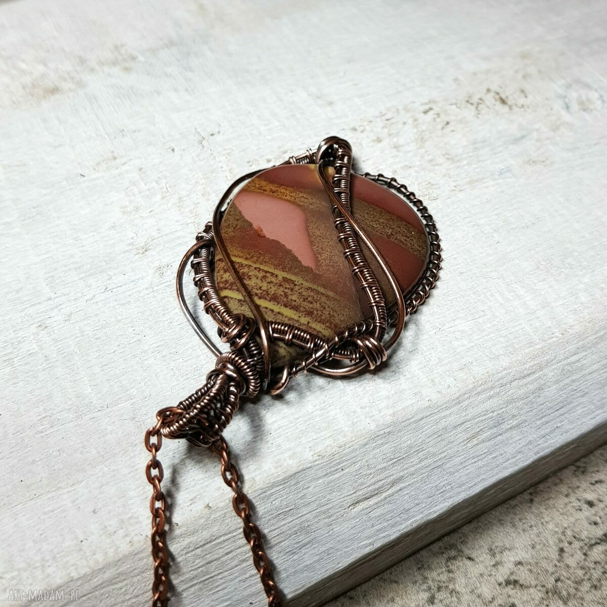 Naszyjnik z jaspisem m179 - miedziany wire wrapping