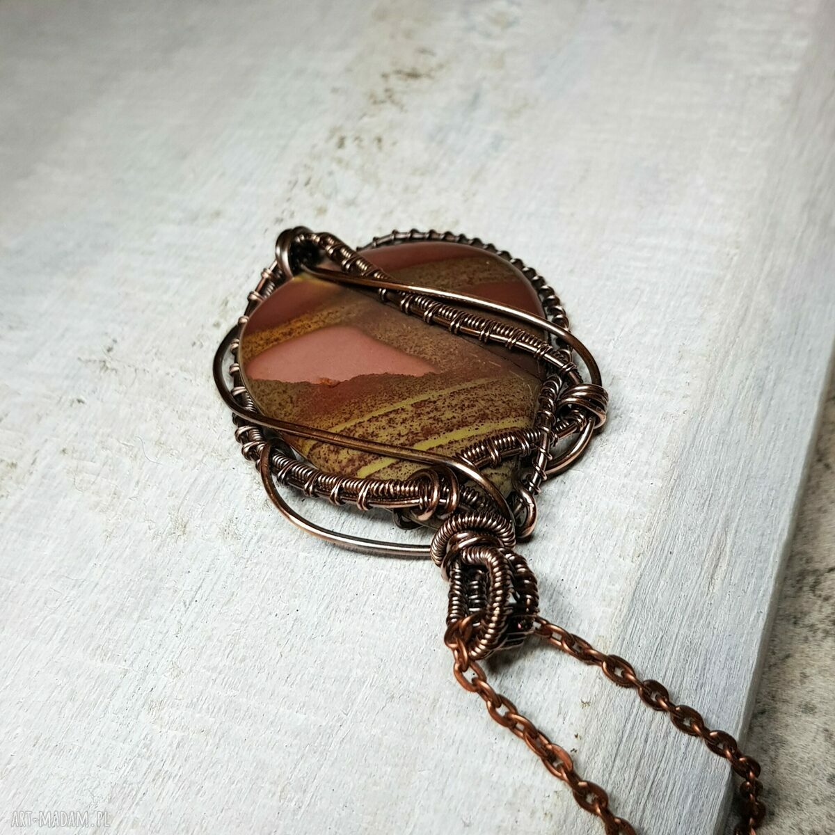 Naszyjnik z jaspisem m179 - miedziany wire wrapping