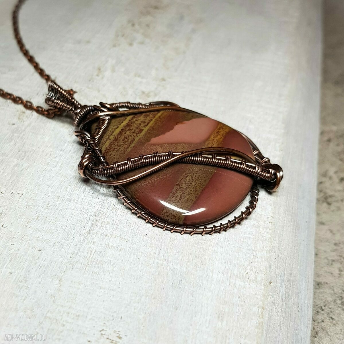 Naszyjnik z jaspisem m179 - miedziany wire wrapping
