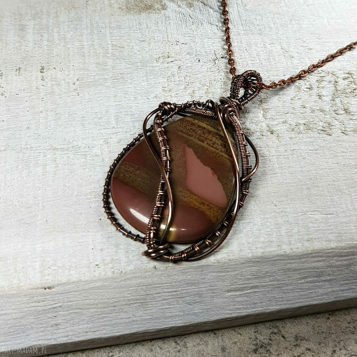 Naszyjnik z jaspisem m179 - miedziany wire wrapping