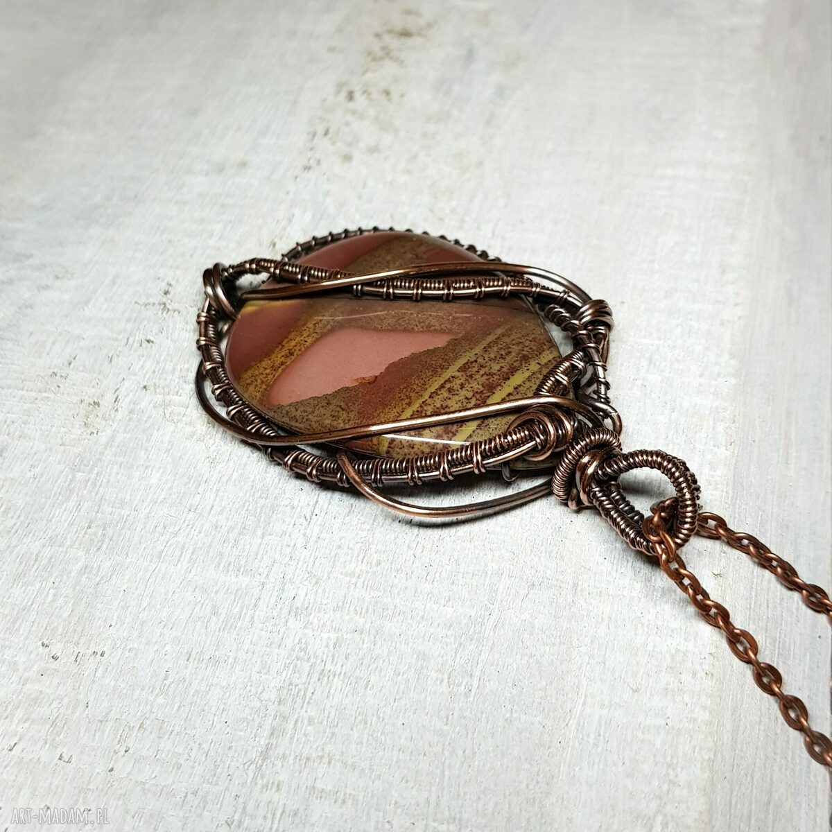 Naszyjnik z jaspisem m179 - miedziany wire wrapping