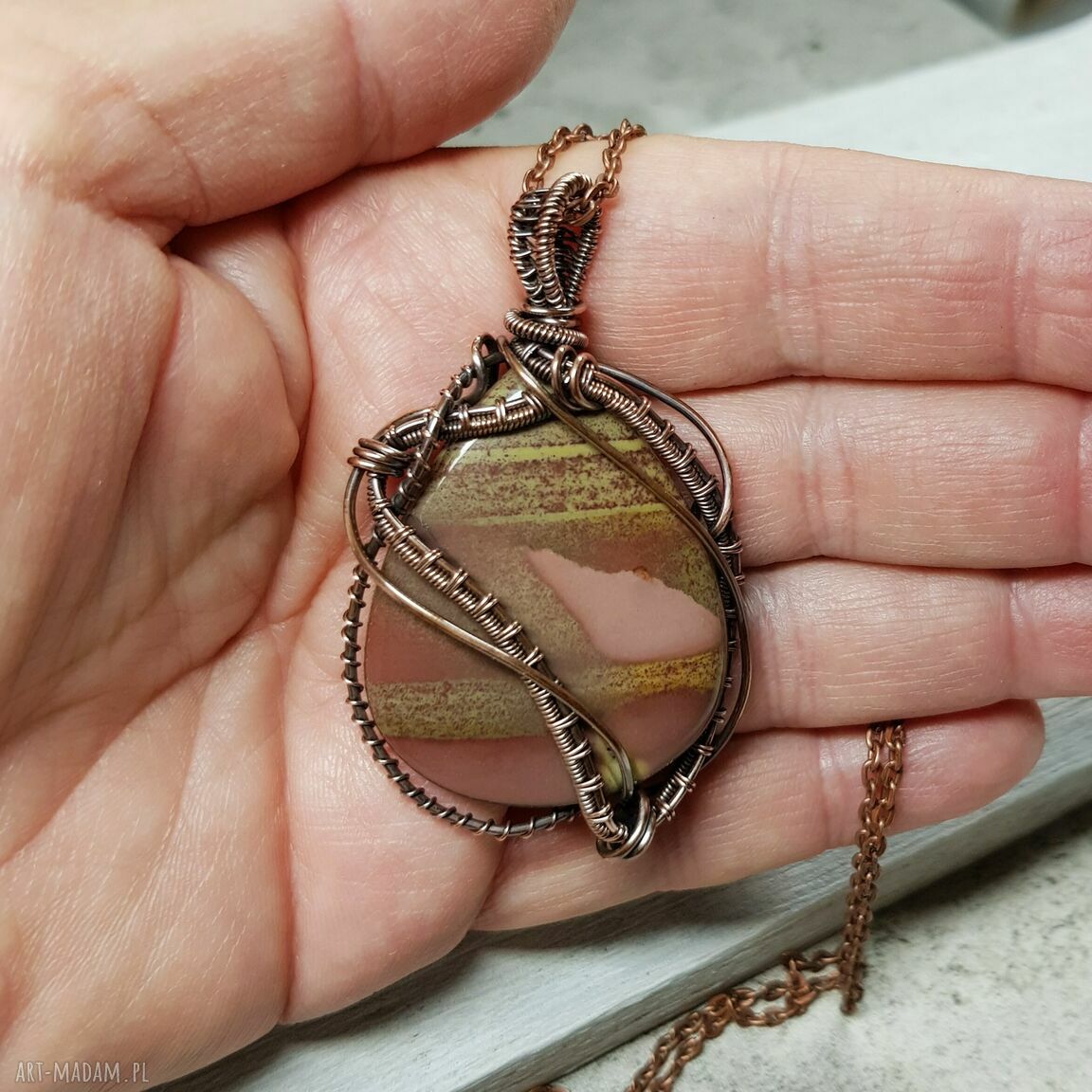 Naszyjnik z jaspisem m179 - miedziany wire wrapping