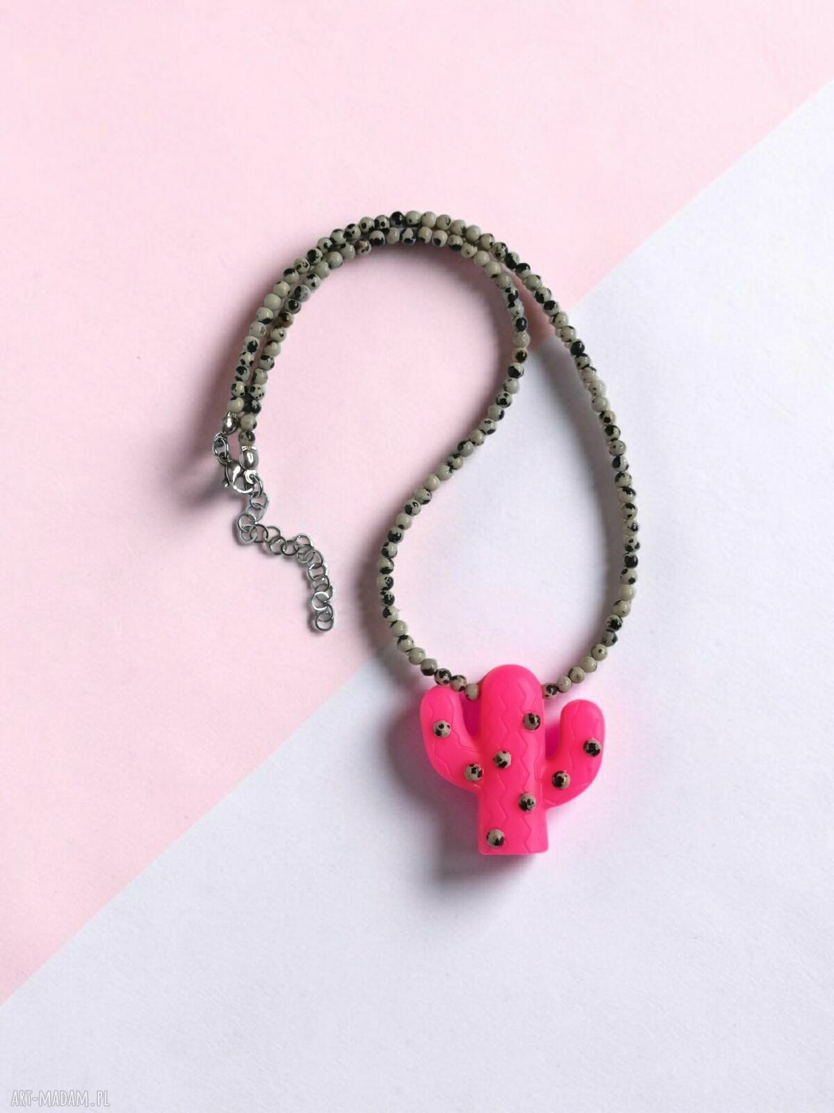 Naszyjnik Kaktus z jaspisem dalmatyńskim hot pink choker