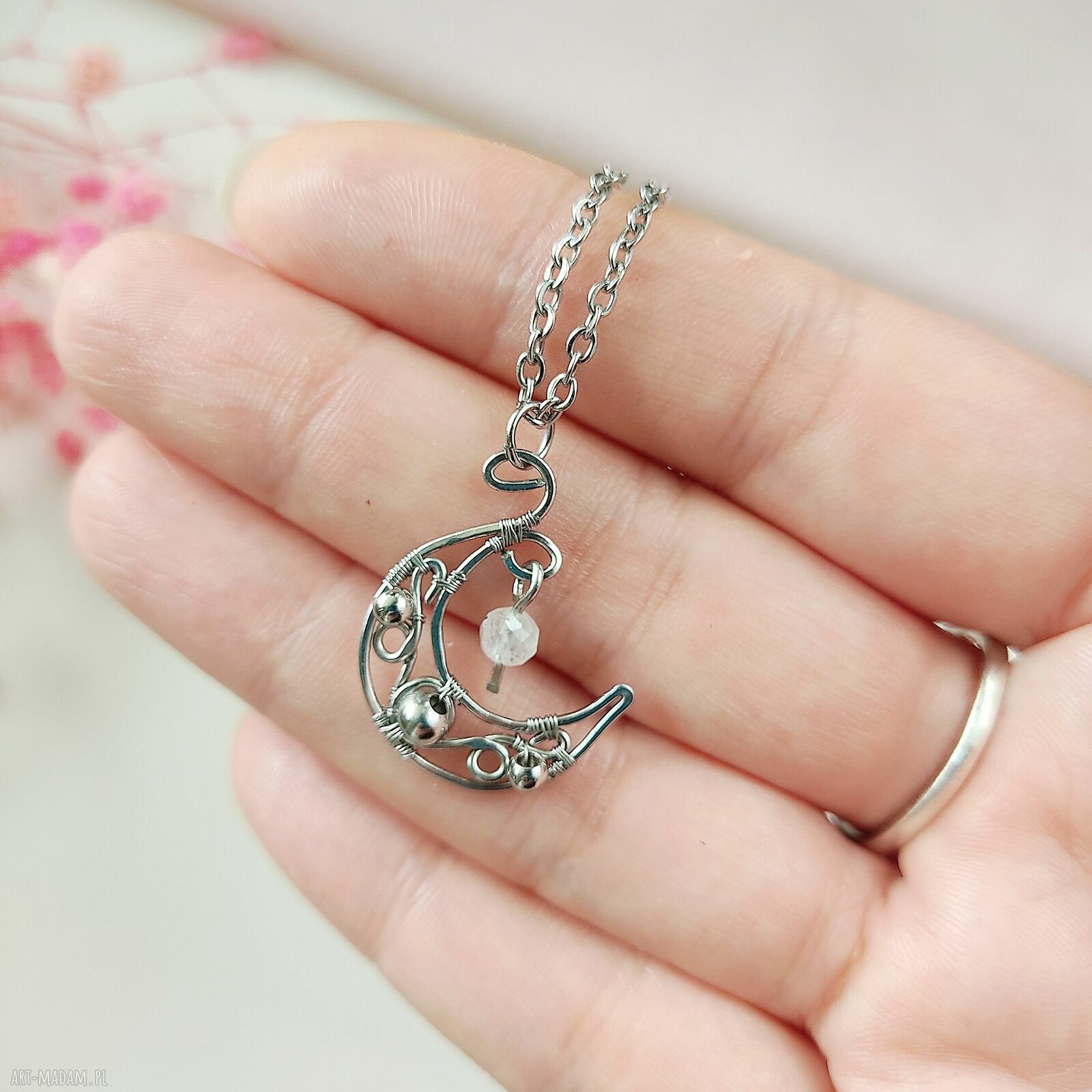 Naszyjnik Kamień Księżycowy Księżyc ze stali chirurgicznej (wire wrapping)