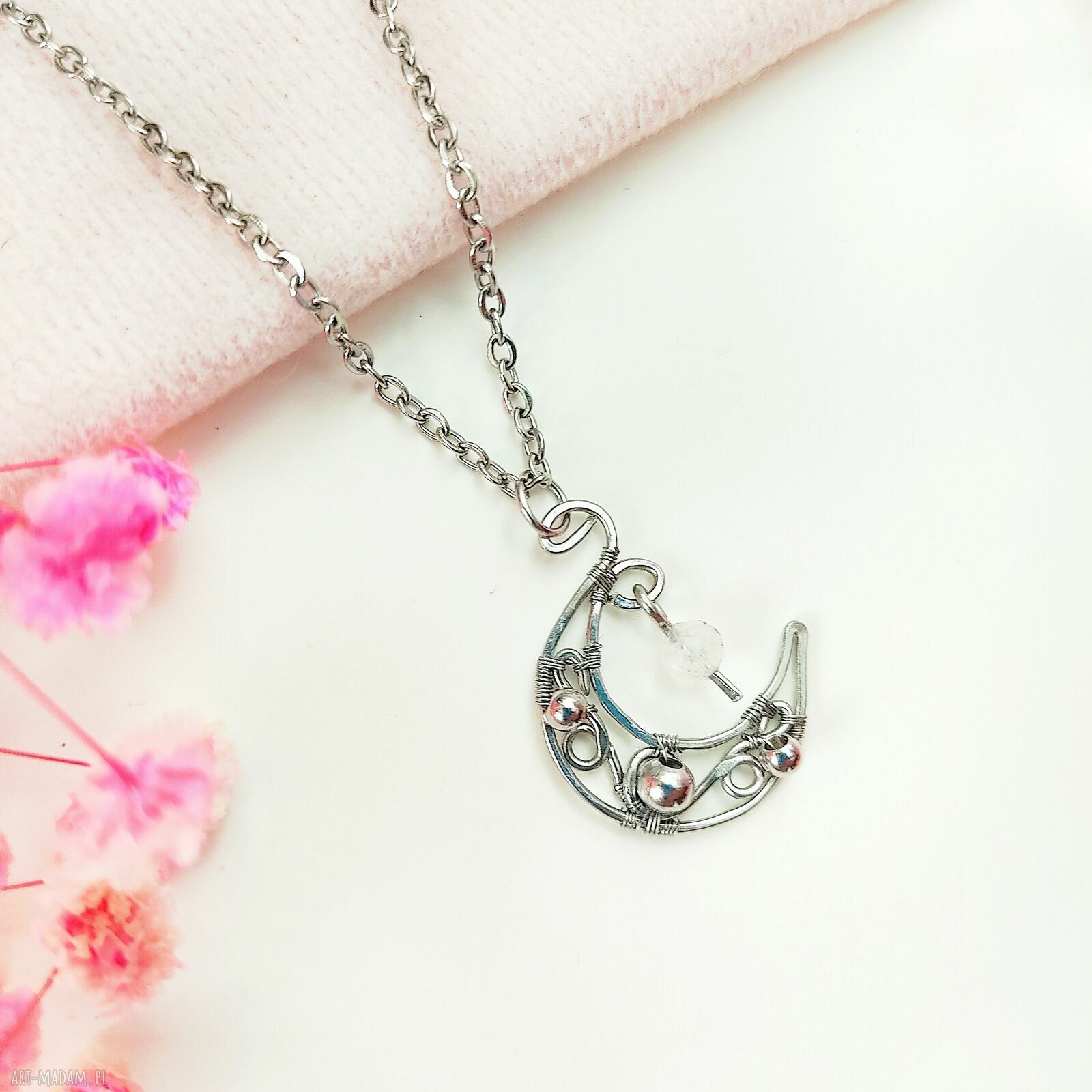 Naszyjnik Kamień Księżycowy Księżyc ze stali chirurgicznej (wire wrapping)