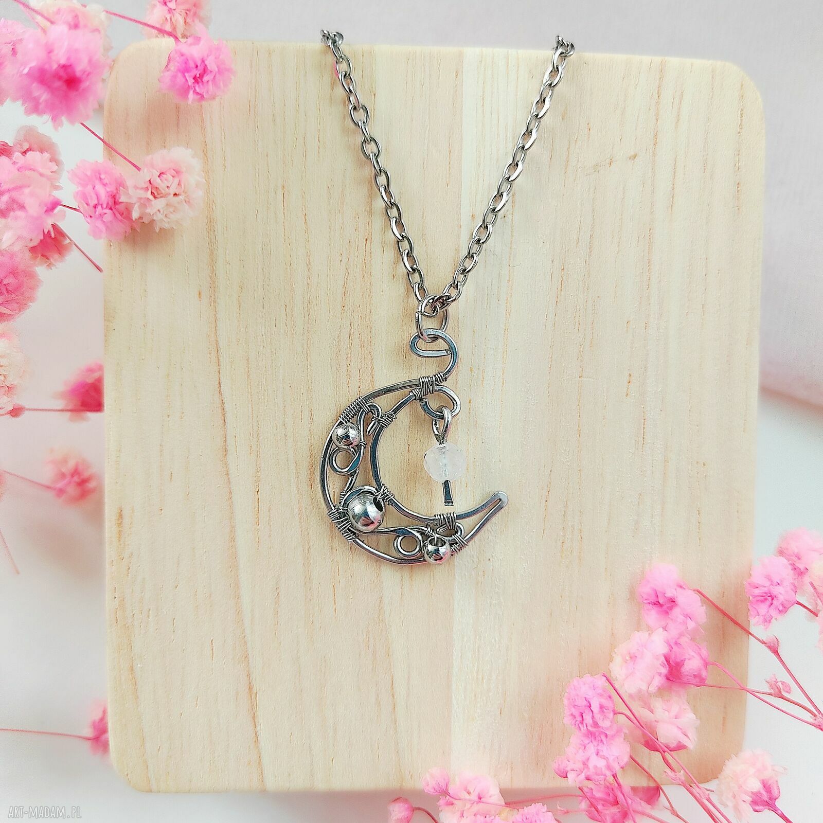 Naszyjnik Kamień Księżycowy Księżyc ze stali chirurgicznej wire wrapping