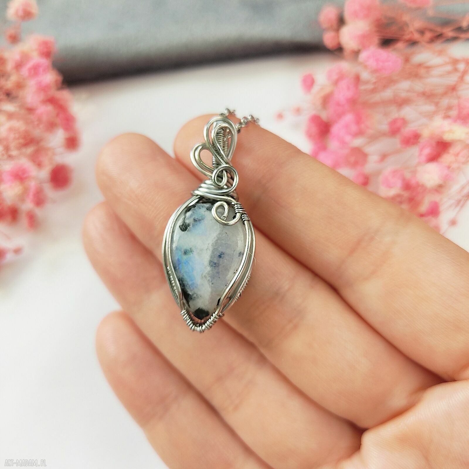 Naszyjnik z kamieniem księżycowym na stali chirurgicznej - handmade wire wrapping
