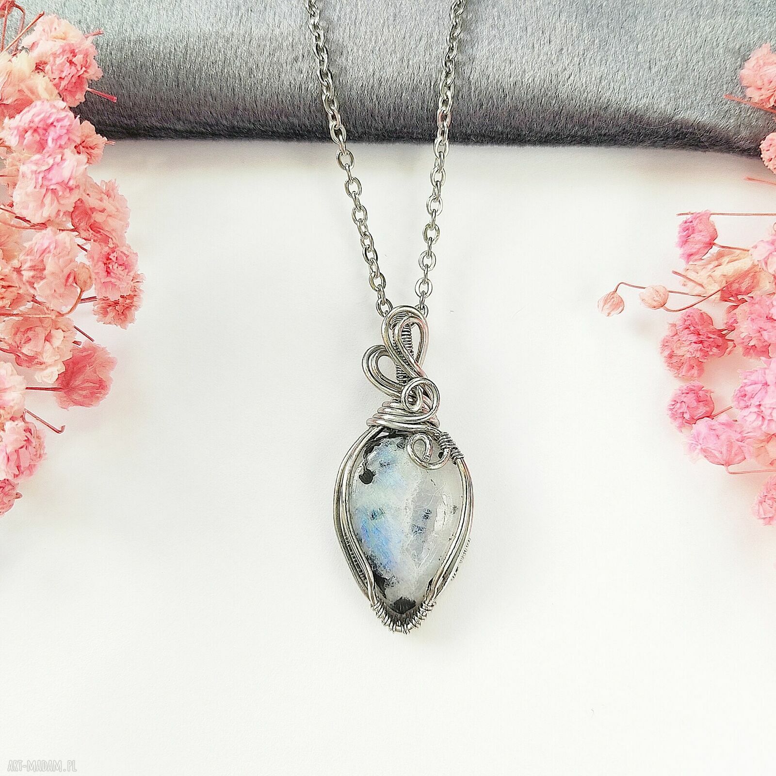 Naszyjnik z kamieniem księżycowym na stali chirurgicznej - handmade wire wrapping