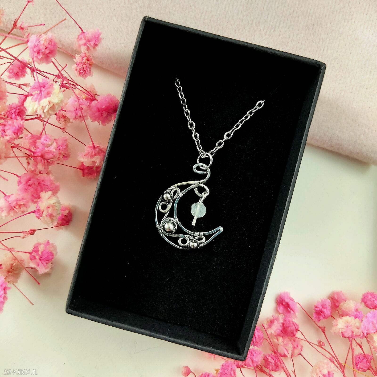 Naszyjnik Kamień Księżycowy Księżyc ze stali chirurgicznej (wire wrapping)