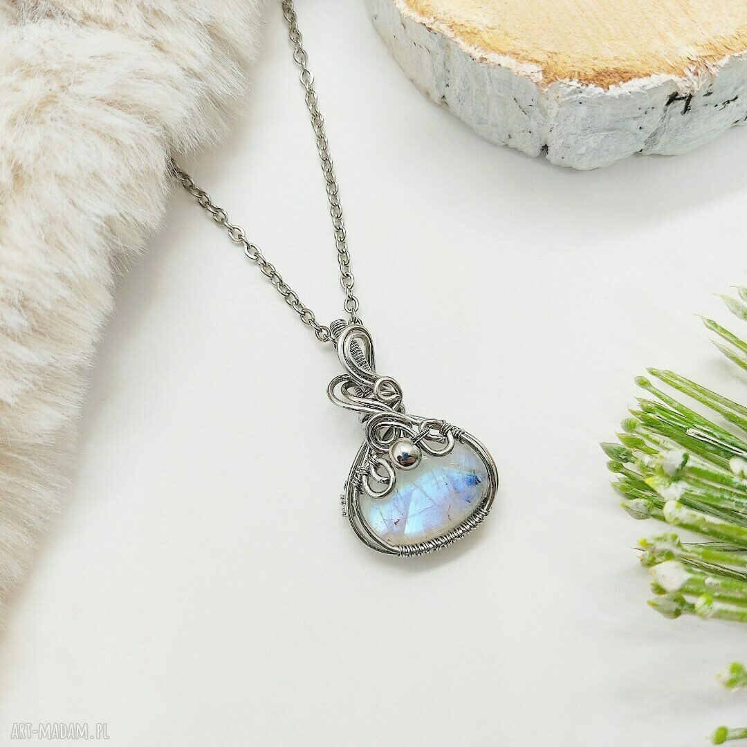 Naszyjnik z kamieniem księżycowym - stal chirurgiczna i wire wrapping