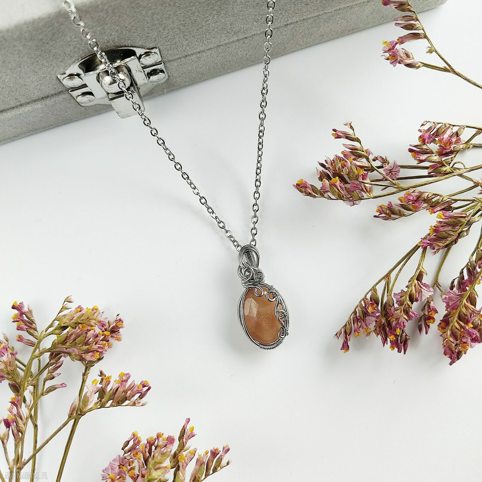 Naszyjnik Kamień Słoneczny - stal chirurgiczna wisiorek (wire wrapping)