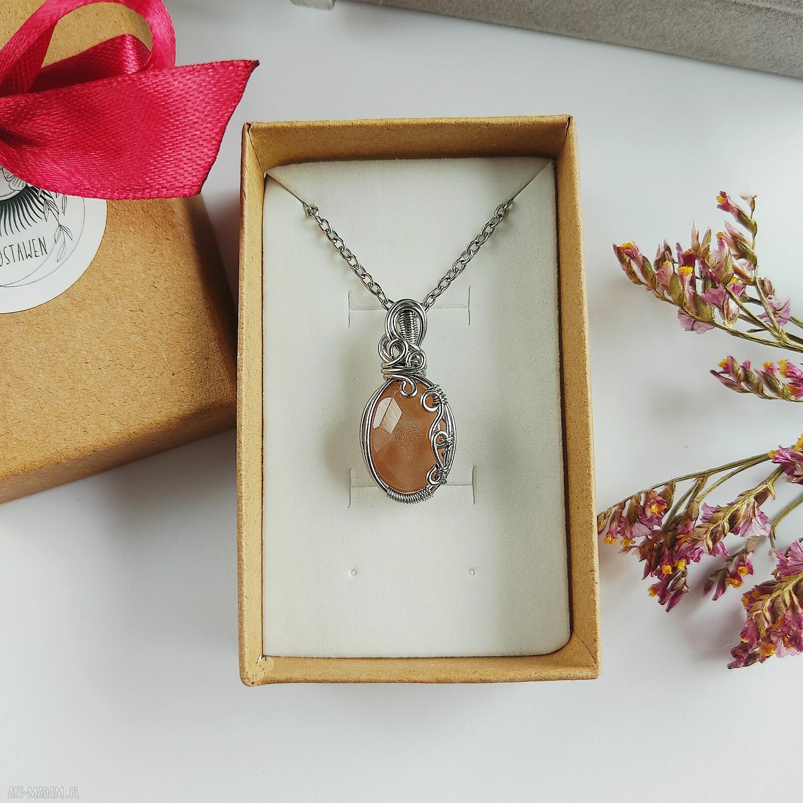 Naszyjnik Kamień Słoneczny - stal chirurgiczna wisiorek (wire wrapping)
