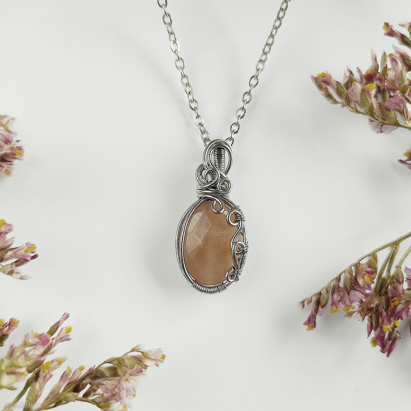 Naszyjnik Kamień Słoneczny - stal chirurgiczna wisiorek wire wrapping