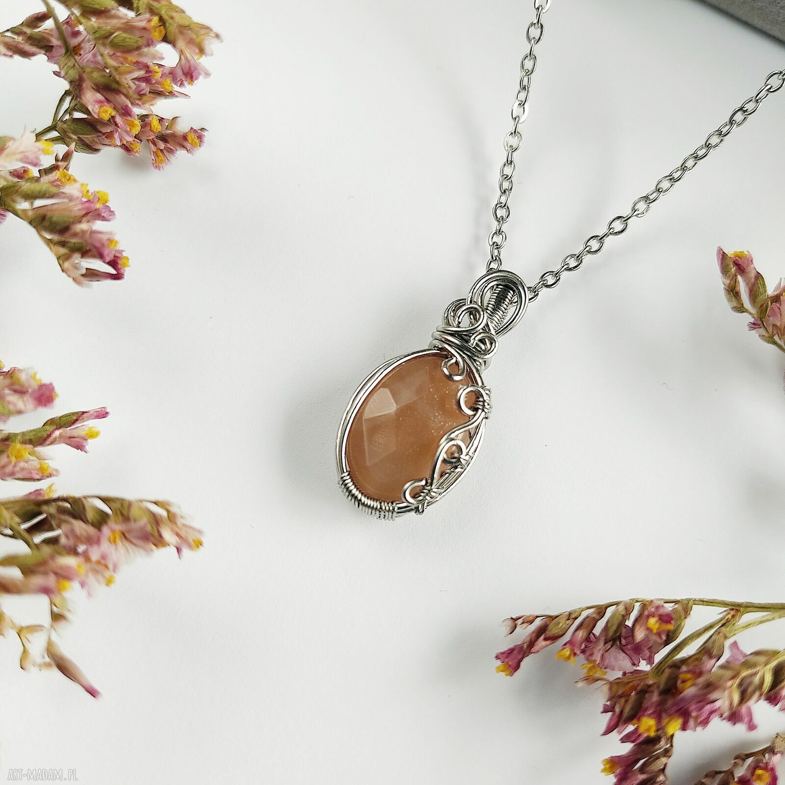 Naszyjnik Kamień Słoneczny - stal chirurgiczna wisiorek (wire wrapping)