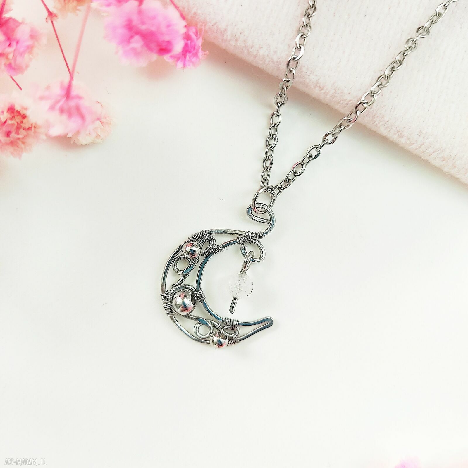 Naszyjnik Kamień Księżycowy Księżyc ze stali chirurgicznej (wire wrapping)