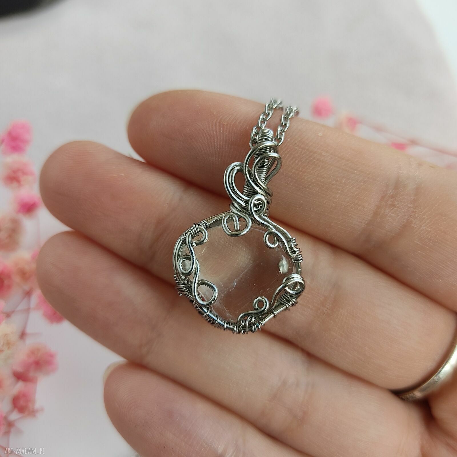 Naszyjnik Kryształ Górski ze Stali Chirurgicznej - handmade wire wrapping