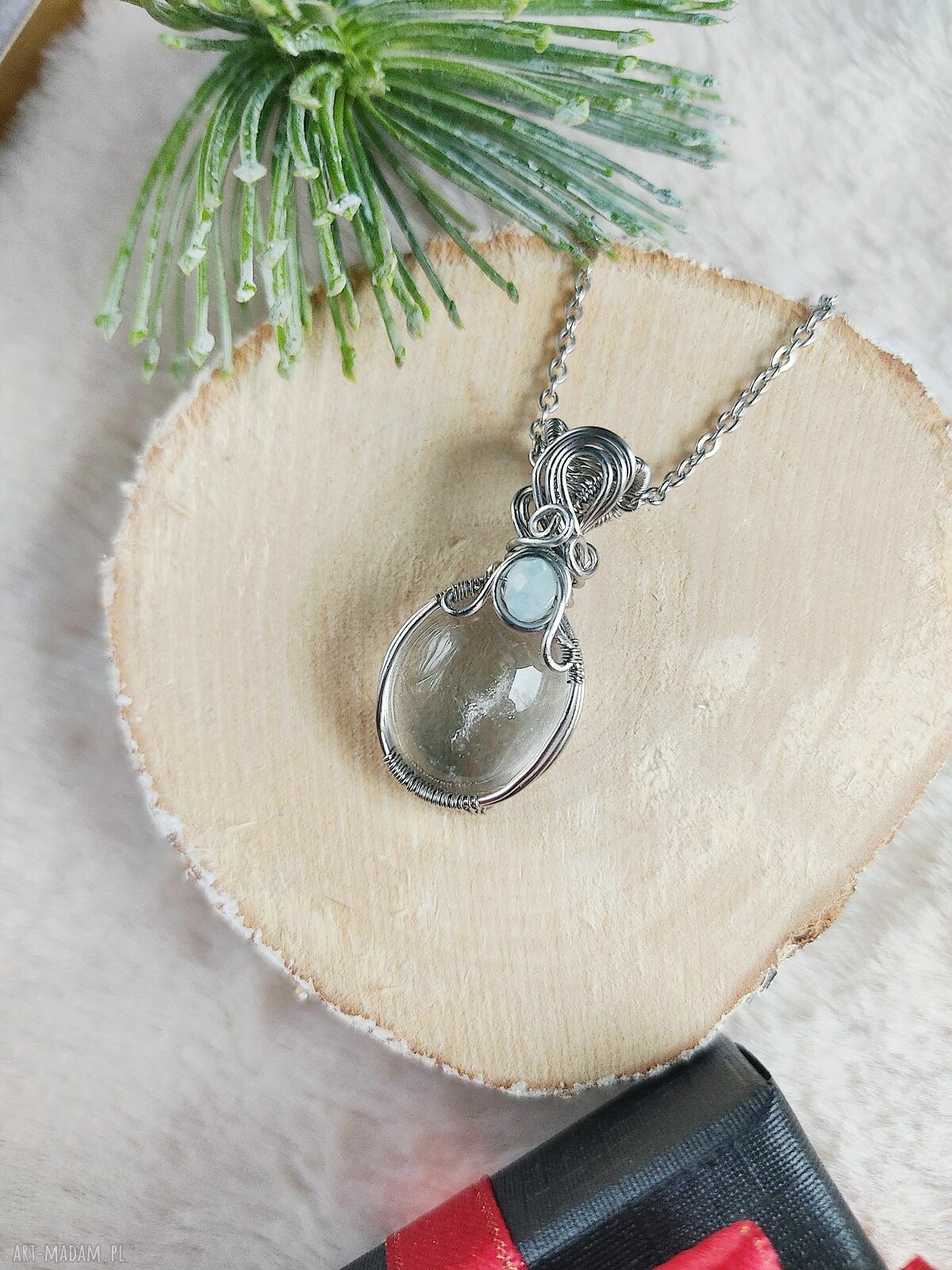 Naszyjnik Kryształ Górski "Lodowy Strumień" ze stali chirurgicznej (wire wrapping)