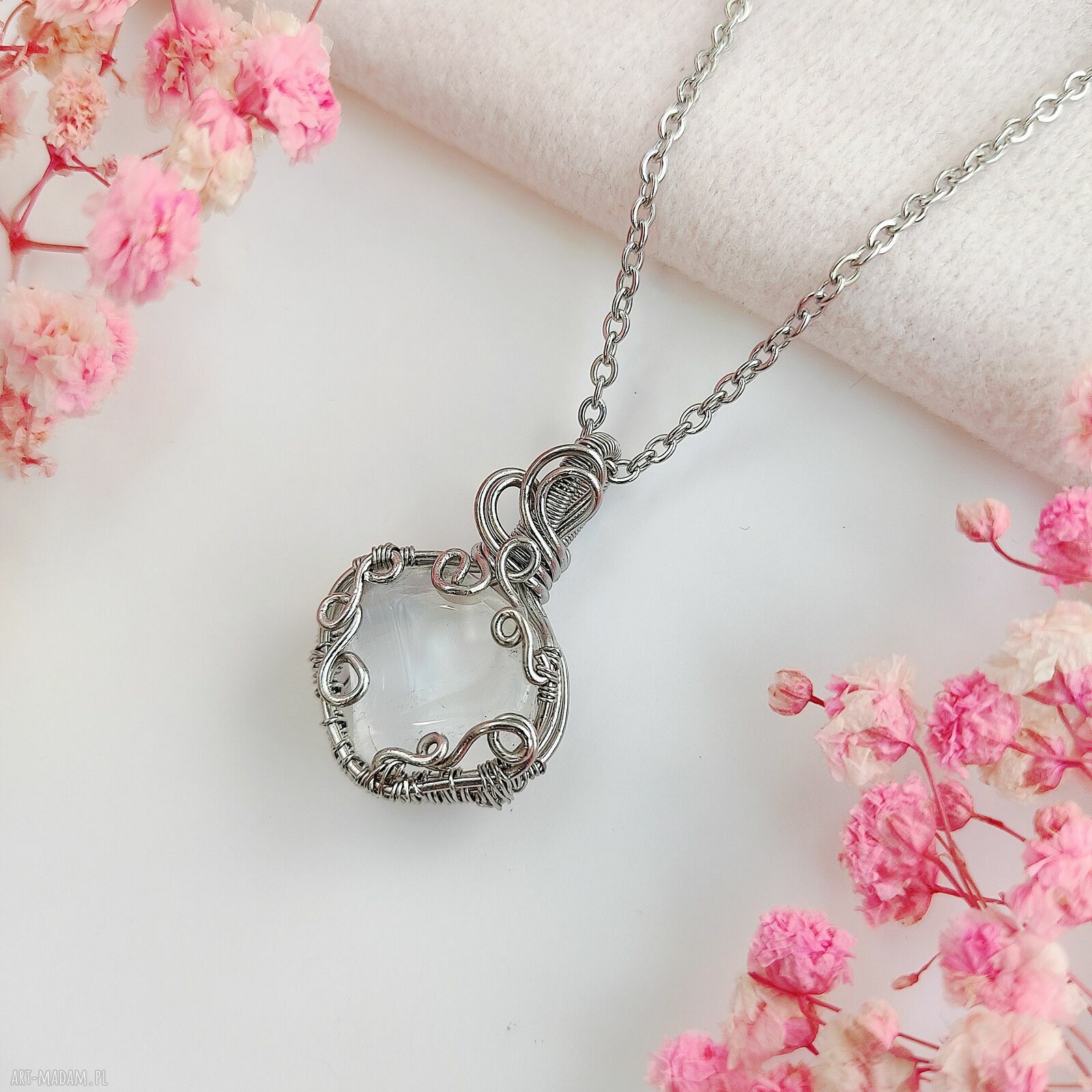 Naszyjnik Kryształ Górski ze Stali Chirurgicznej - handmade wire wrapping