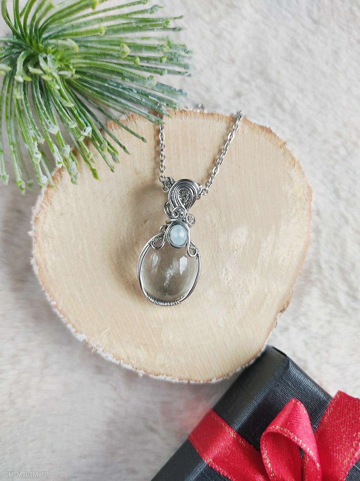 Naszyjnik Kryształ Górski "Lodowy Strumień" ze stali chirurgicznej (wire wrapping)