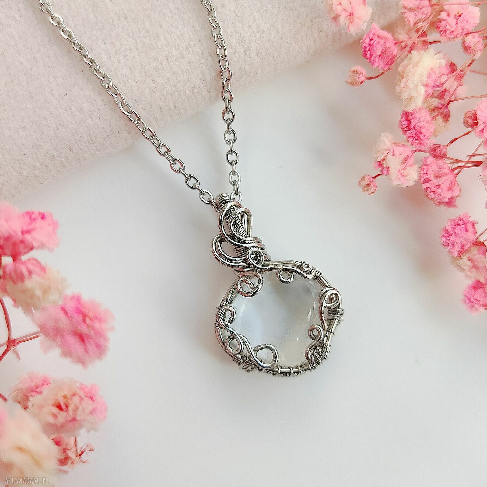 Naszyjnik Kryształ Górski ze Stali Chirurgicznej - handmade wire wrapping