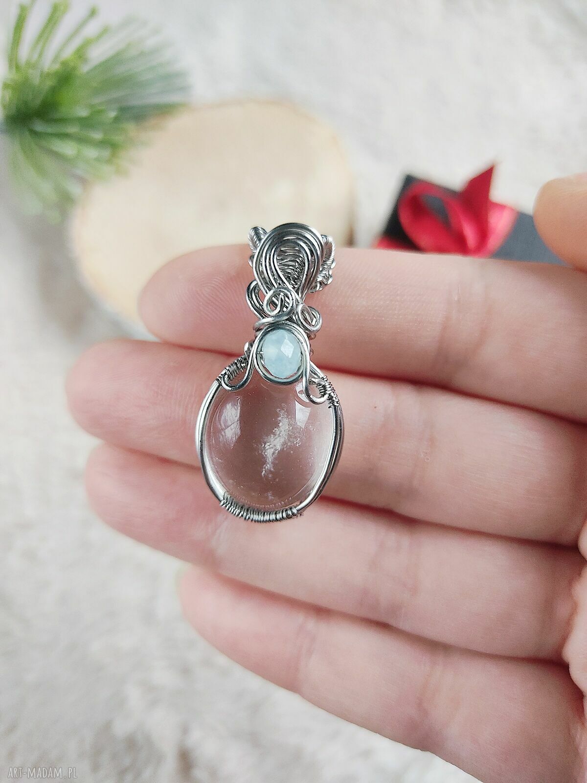 Naszyjnik Kryształ Górski "Lodowy Strumień" ze stali chirurgicznej (wire wrapping)
