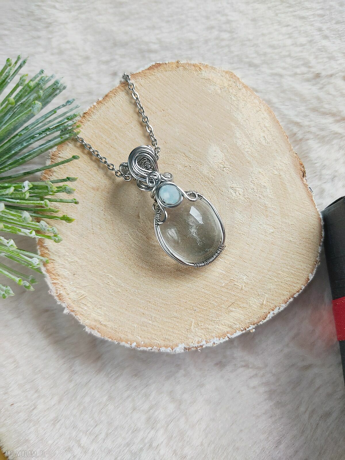 Naszyjnik Kryształ Górski "Lodowy Strumień" ze stali chirurgicznej (wire wrapping)
