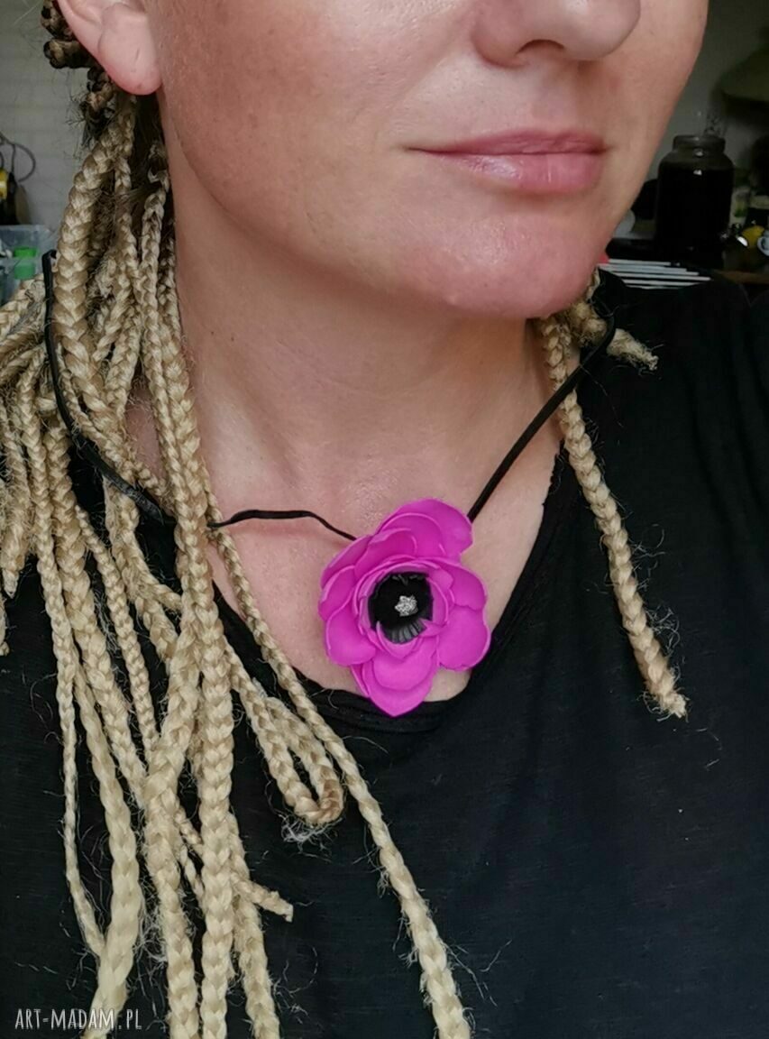 Kwiatowy naszyjnik mak na rzemyku - folk boho (Box x1)
