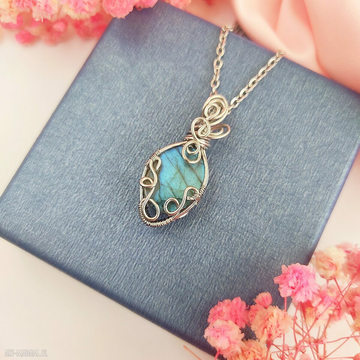 Naszyjnik labradoryt niebieski - stal chirurgiczna, wire wrapping