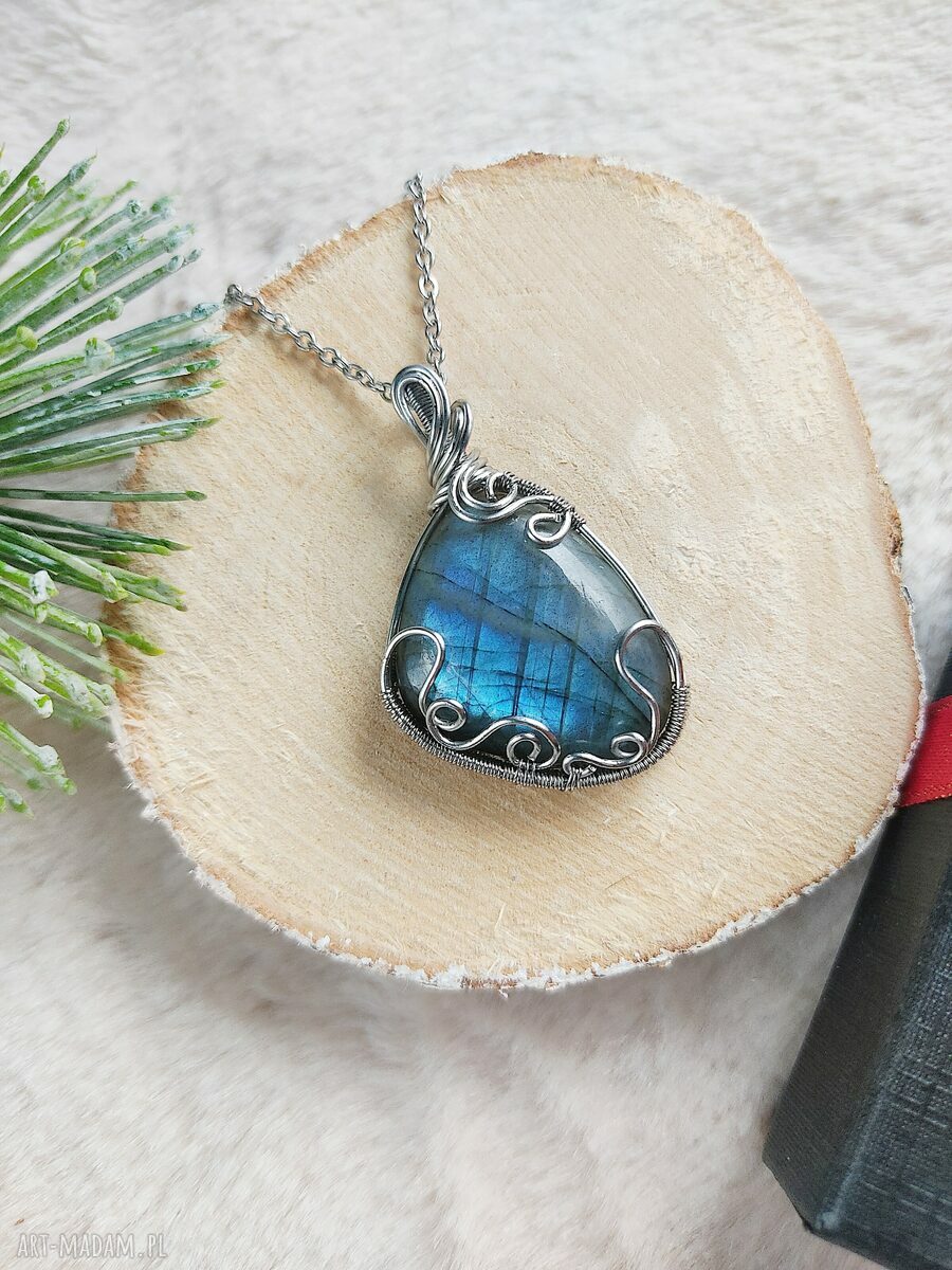 Naszyjnik z labradorytem „Północny Blask” ze stali chirurgicznej - wire wrapping
