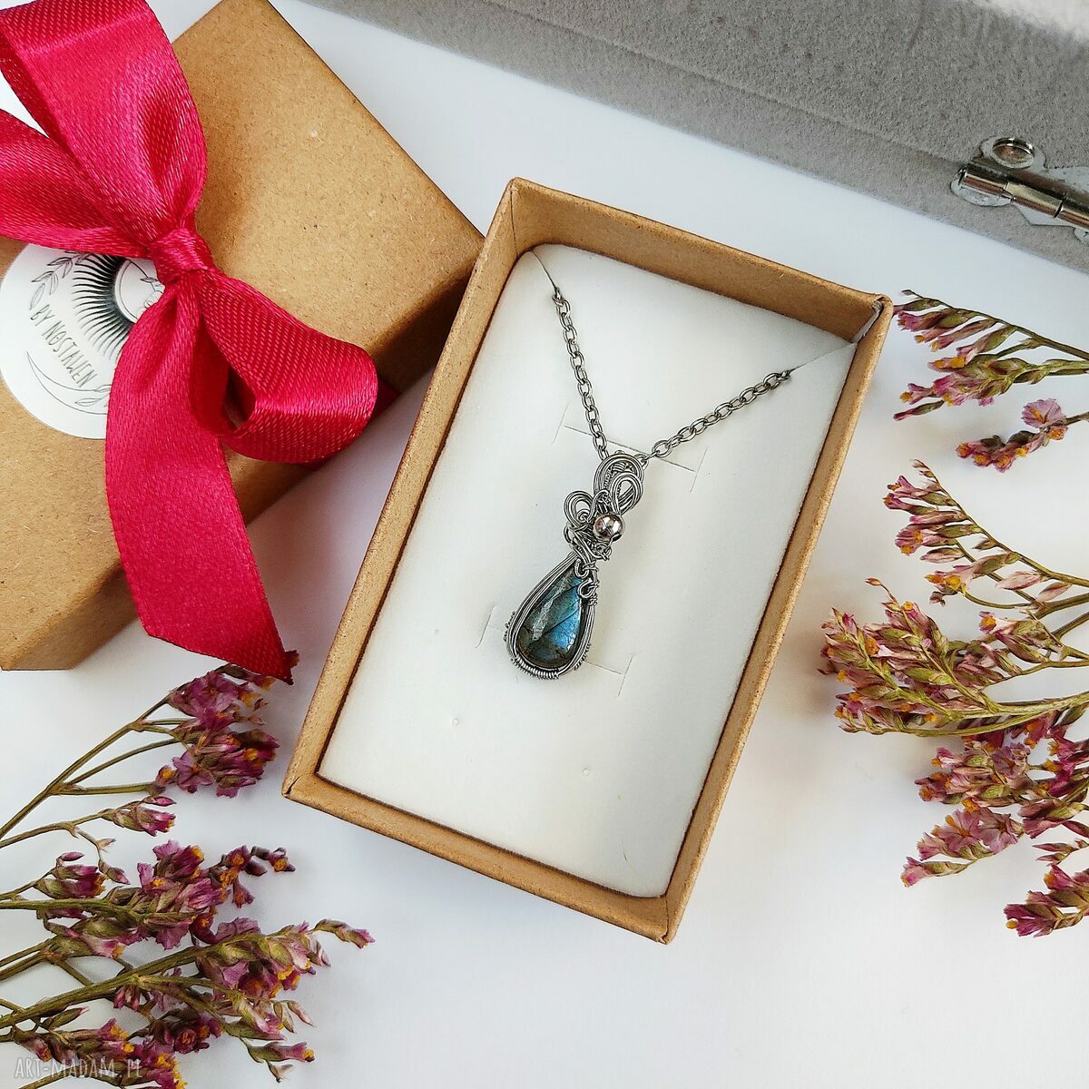 Naszyjnik Labradoryt 5 - stal chirurgiczna wisiorek wire wrapping