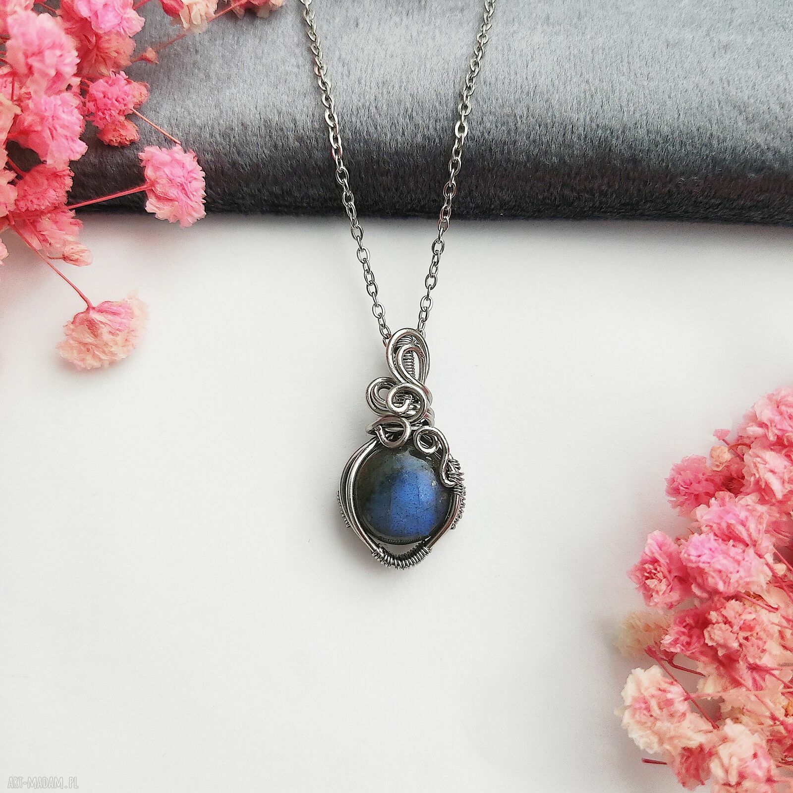 Naszyjnik z labradorytem mini - stal chirurgiczna wire wrapping