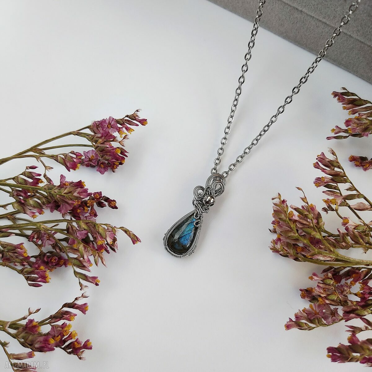 Naszyjnik Labradoryt 5 - stal chirurgiczna wisiorek wire wrapping