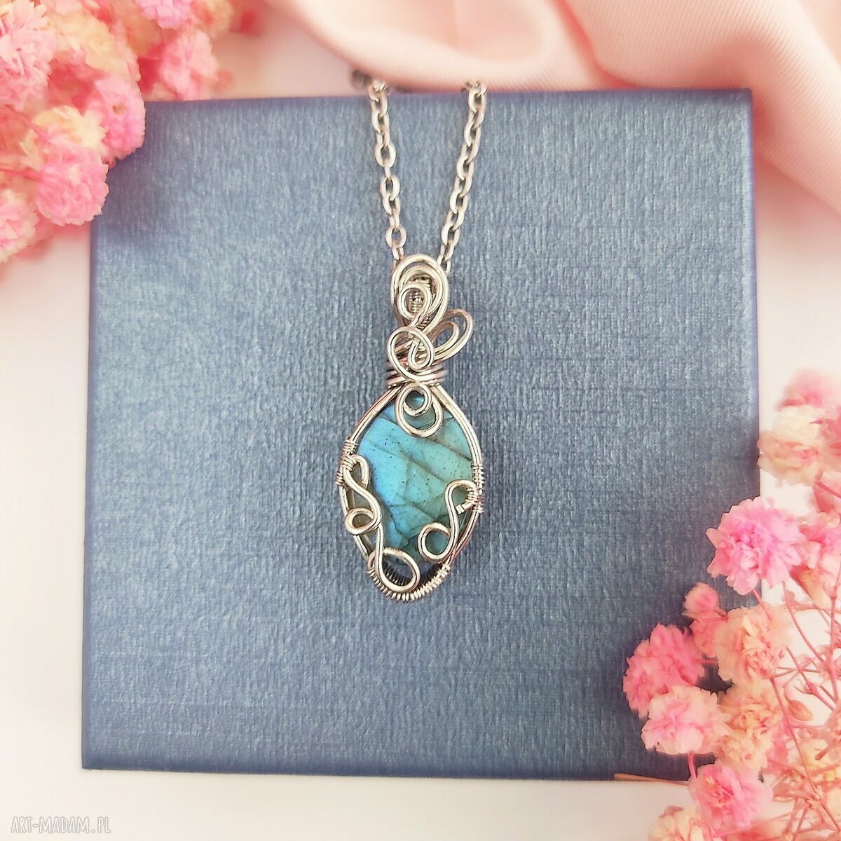 Naszyjnik labradoryt niebieski - stal chirurgiczna, wire wrapping