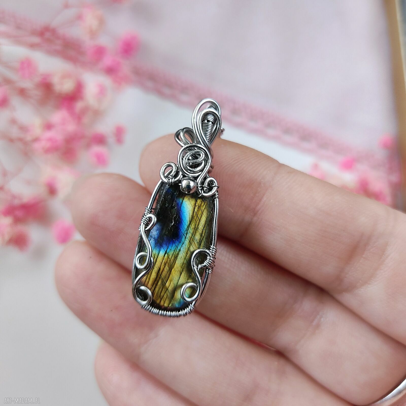 Naszyjnik z labradorytem na stali chirurgicznej - wire wrapping dla niej
