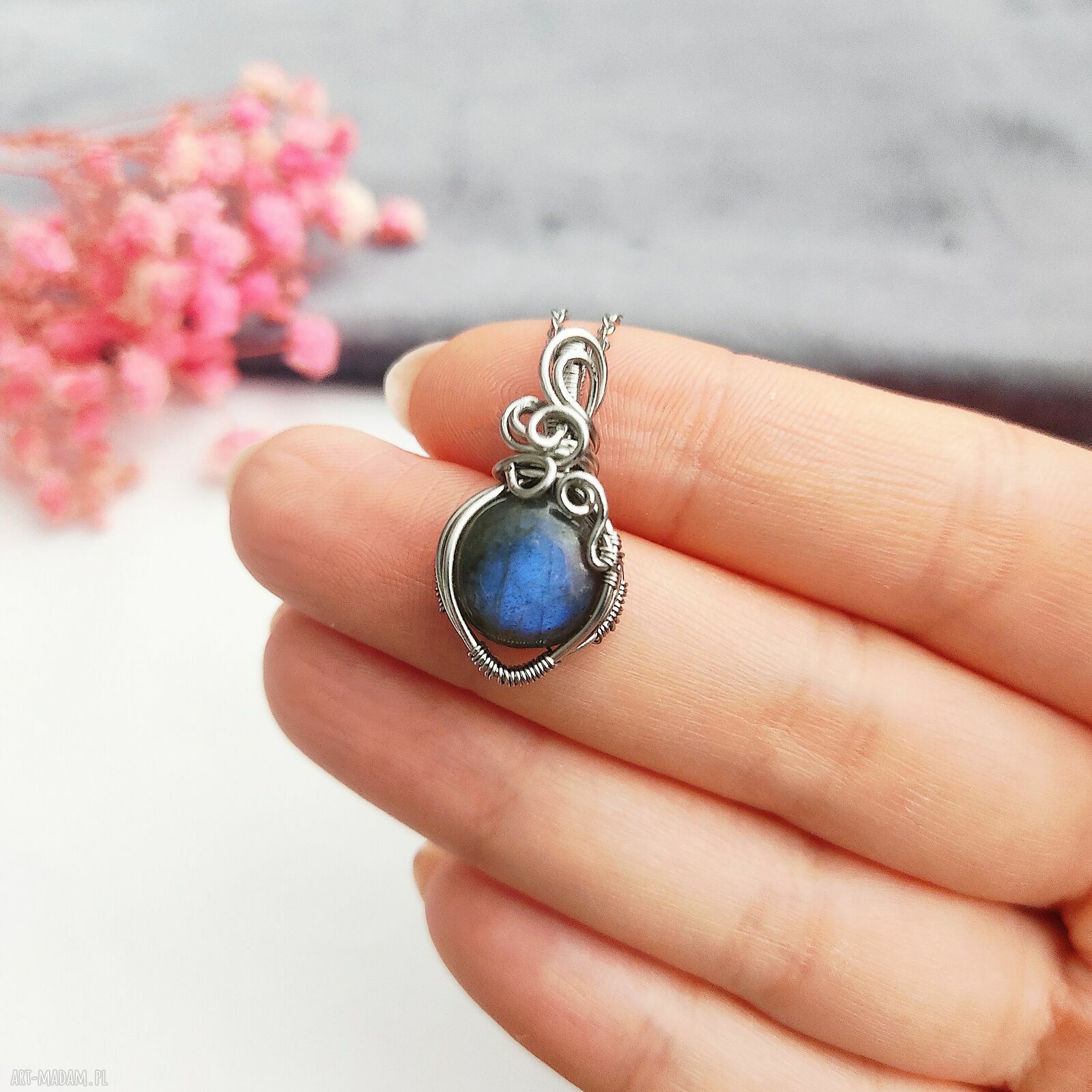 Naszyjnik z labradorytem mini - stal chirurgiczna wire wrapping