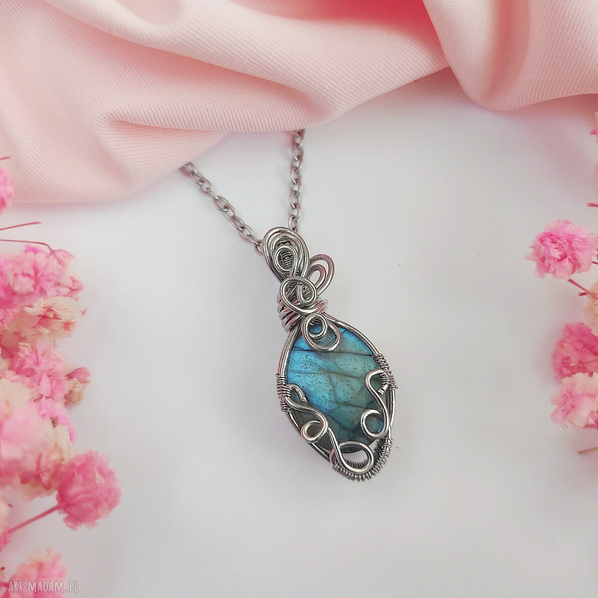 Naszyjnik labradoryt niebieski - stal chirurgiczna, wire wrapping