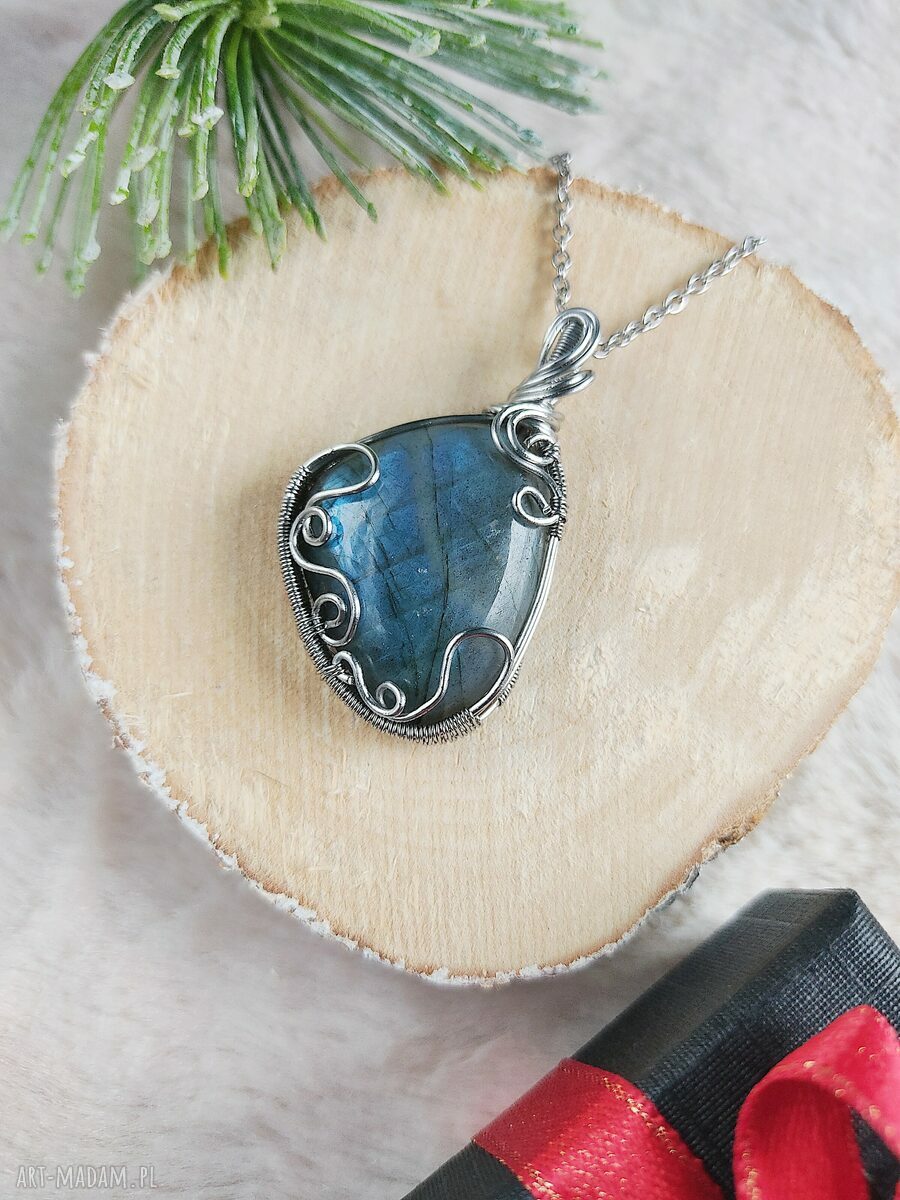 Naszyjnik z labradorytem „Północny Blask” ze stali chirurgicznej - wire wrapping