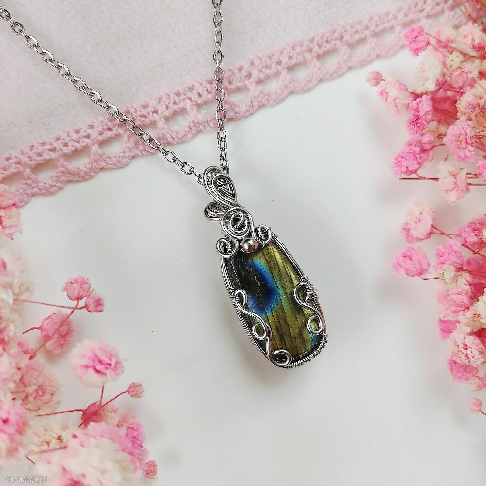 Naszyjnik z labradorytem na stali chirurgicznej - wire wrapping dla niej
