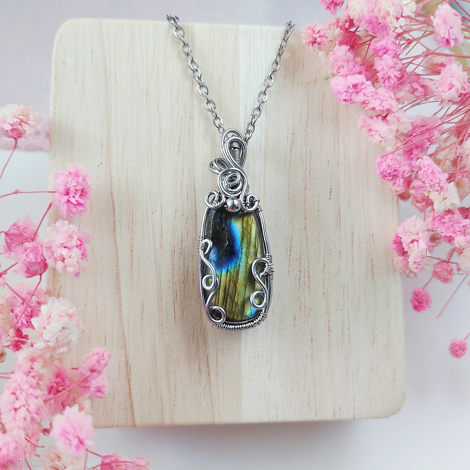 Naszyjnik z labradorytem na stali chirurgicznej - wire wrapping dla niej