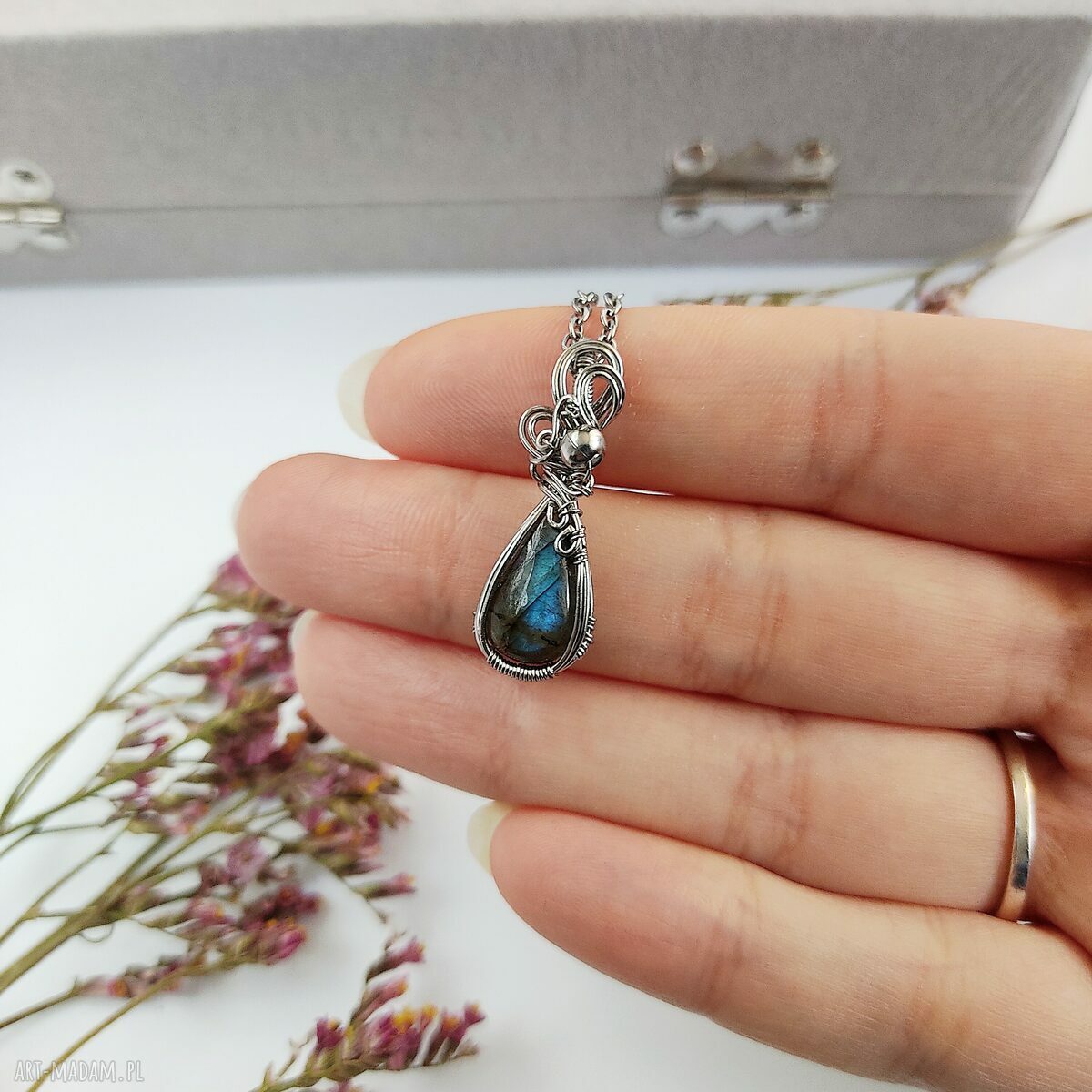Naszyjnik Labradoryt 5 - stal chirurgiczna wisiorek wire wrapping