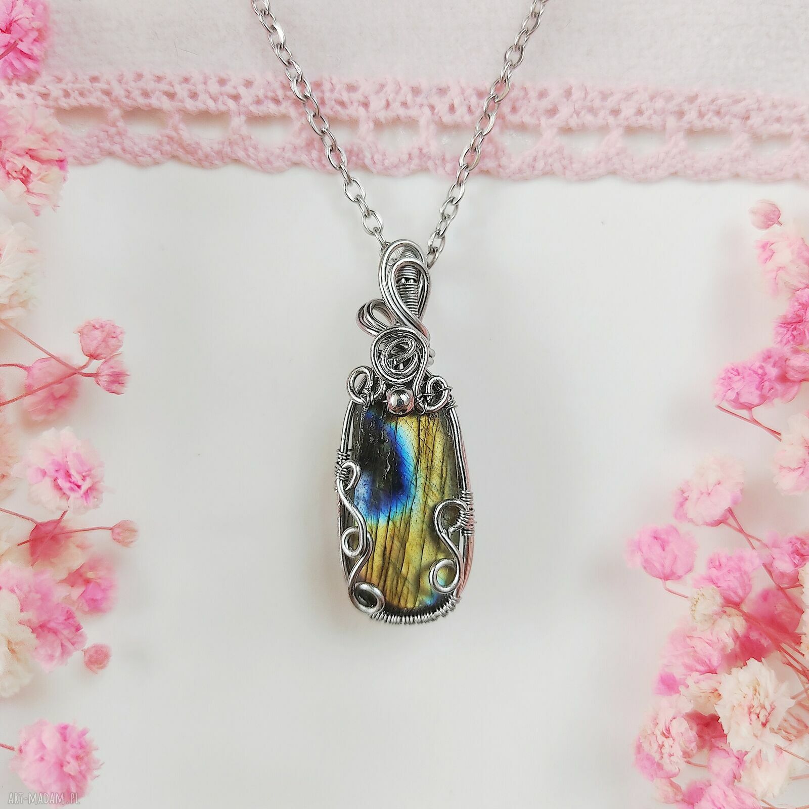 Naszyjnik z labradorytem na stali chirurgicznej - wire wrapping dla niej