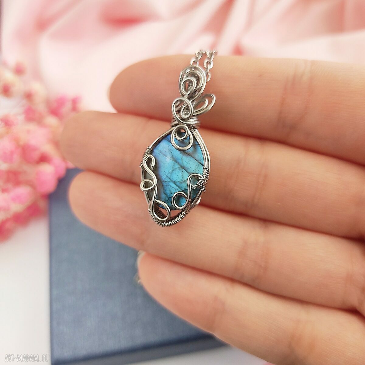 Naszyjnik labradoryt niebieski - stal chirurgiczna, wire wrapping
